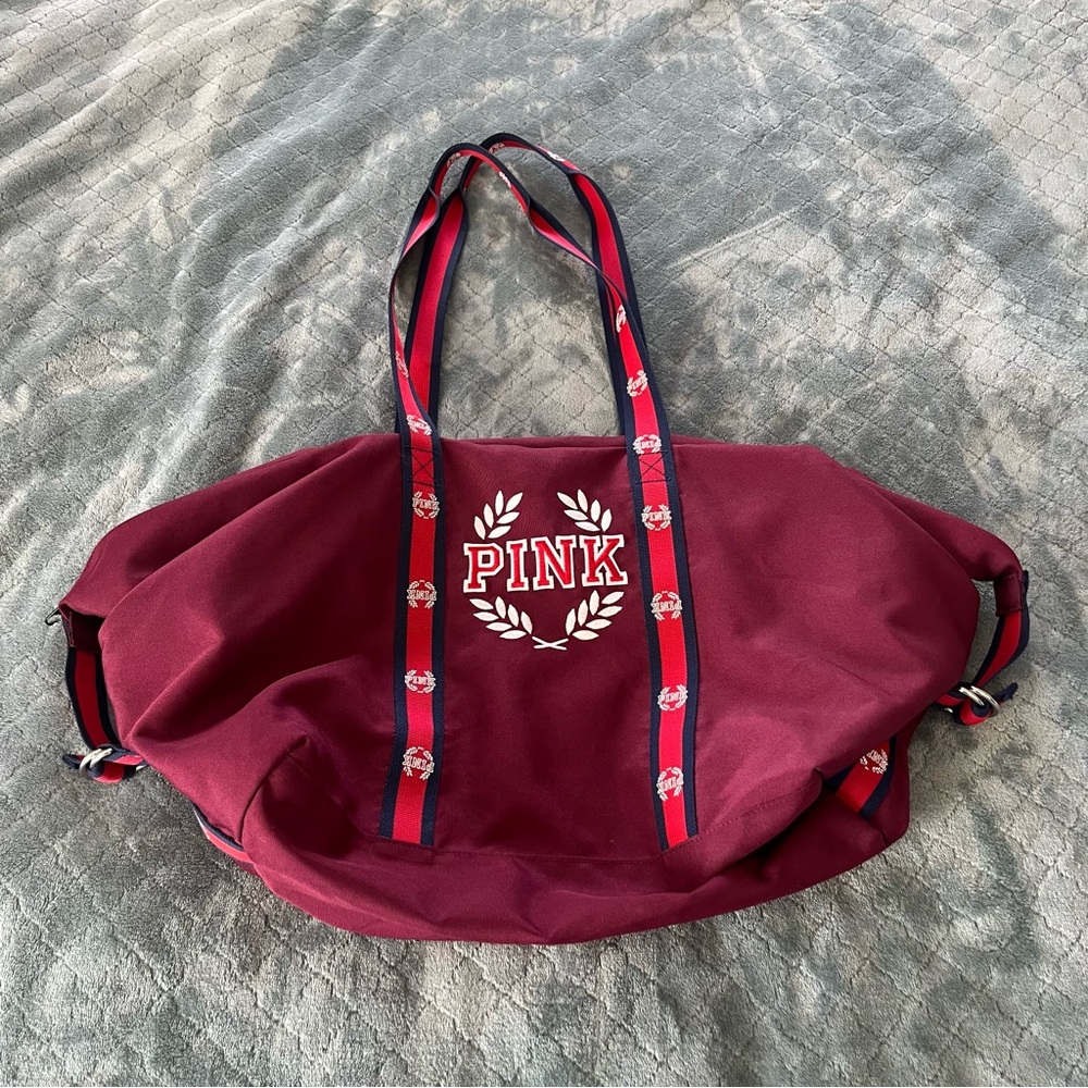 Victorias Secret PINK Duffle Bag Burgundy Red Navy Stripe Logo Weekend Gym Bag